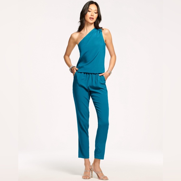 Ramy Brook New York‎ Lulu Asymmetrical One Shoulder Charmeuse Jumpsuit | Blue - Picture 1 of 11